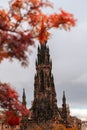 Sir Walter Scott memorial in Edinburgh, during a cloudy autumn morning. Landmarks of Scotland.