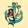 Siren Mermaid Pinup Girl Sitting On Anchor Tattoo Vector