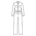 Siren suit overall jumpsuit technical fashion illustration with full length, belt, zipper closure, normal waist, pockets