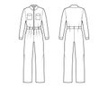 Siren suit overall jumpsuit technical fashion illustration with full length, belt, zipper closure, normal waist, pockets