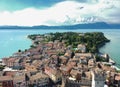 Sirmione aerial cinematic view with clouds in the background