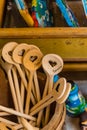 Sirmione, Italy - Aug 22, 2019 - Souvenir wooden sticks close up
