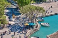 SIRMIONE, ITALY - 20 MAY 2016:Panoramic aerial view on historical town Sirmione on peninsula in Garda lake, Lombardy, Italy Royalty Free Stock Photo