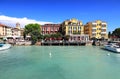 The port of Sirmione on Lake Garda. Italy, Europe. Royalty Free Stock Photo