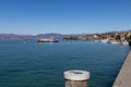 Sirmione, Lake Garda, Italy - 28 March 2023 Ferry arrives at port and harbour of Sirmione