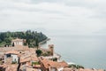 Sirmione panoramic view. Panoramic aerial view on historical town Sirmione on peninsula in Garda lake, Lombardy, Italy Royalty Free Stock Photo
