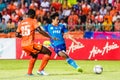 SISAKET THAILAND-JUNE 21: Piyawit Janput of Singhtarua FC. (Blue) shoot the ball during Thai Premier League between Sisaket FC an