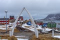 sisimiut greenland cityscape with colorful houses and the Whale bone entrance