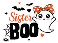 Sister Boo Halloween vector illustration with cute ghost, hearts, spider and bats. Royalty Free Stock Photo