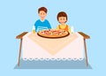 Sister and Brother Eating Dinner Flat Illustration