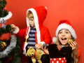 Sister and brother siblings decorate Christmas tree. Royalty Free Stock Photo