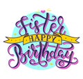 Sister Happy Birthday colored text with ribbon, vector stock illustration. Hand drawn calligraphy isolated on white