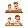Sister with Her Little Brother at Table Drawing with Pencil and Eating Breakfast as Family Relations Vector Illustration Royalty Free Stock Photo