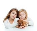 Sister kid girls and puppy mascot mini pinscher