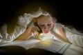 Sister are reading a book under a blanket with flashlight. Pretty young girl having fun in children room. Royalty Free Stock Photo