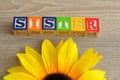 Sister spelled with alphabet blocks