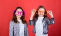 Sisterhood concept. Friendly relations siblings. Sincere cheerful kids share happiness and love. Girls funny big Royalty Free Stock Photo