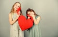 Sisterhood concept. Valentines day. Friendly relations siblings. Family love. Happy feeling love. Loving sister. Sincere Royalty Free Stock Photo