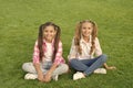 Sisterhood and friendship. We are friends. Cheerful schoolgirls on sunny day. Girl ponytails hairstyle enjoy relax