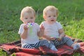 Sisters babies light clothes sit in the park on the grass