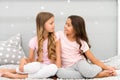 Sisters or best friends spend time together in bedroom. Girls having fun together. Girlish leisure. Sisters friends Royalty Free Stock Photo