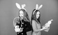 Sisters celebrate easter. Spring holiday. Happy childhood. Easter day. Easter activities for children. Happy easter Royalty Free Stock Photo