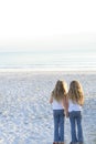 Sisters holding hands on the beach vertical
