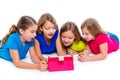 Sisters kid girls with tech tablet pc playing happy