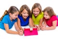 Sisters kid girls with tech tablet pc playing happy