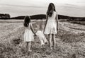 Sisters with teddy bear at autumn wheat field.