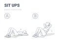 Sit Up Female Home Workout Exercise Guide Black and White Illustration.