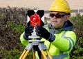 Site engineer installing back sight prism above control points on construction site Royalty Free Stock Photo