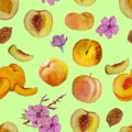 Seamless background of ripened peaches. Flowers, slices, halves, seeds. Royalty Free Stock Photo