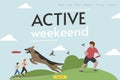 Site header. Active weekend. A man is playing frisbee with a dog. Vector. Royalty Free Stock Photo
