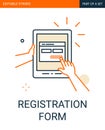 Site Registration form icon. Tablet in hand with a registration form on the application outline icon