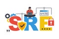 Site reliability engineering. SRE concept. A young programmer with a laptop is designing a website.
