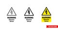 Site security sign warning electric fence icon of 3 types color, black and white, outline. Isolated vector sign symbol