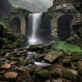 Site in stone ruins next to a large waterfall. A waterfall in autumn stones and leaves lie in the water. Royalty Free Stock Photo