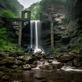 Site in stone ruins next to a large waterfall. A waterfall in autumn stones and leaves lie in the water. Royalty Free Stock Photo