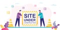 Site under construction page. Error 404. Webpage is not found. Male character report problem on site. Internet connection problem Royalty Free Stock Photo