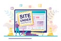 Site under construction- web page. Handsome man holds 404 error. Website not found. Repair work. Problems with internet connection Royalty Free Stock Photo