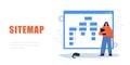 Sitemap concept. Female Developer creation Strategy. Website SEO management. UX designer workflow. Vector illustration
