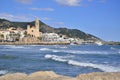 Sitges church and sea in Sitges, Catalonia, Spain
