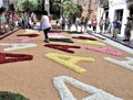Sitges, Spain - June 23 2019: Detail of the floral carpet, festivity religious, celebration of street flowers in Sitges, Spain