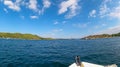 Sithonia - The bow of luxury boat with scenic view on blue lagoon of Vourvourou on peninsula Sithonia, Royalty Free Stock Photo