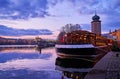 Sitkov Water Tower behind the boat-restaurant on Vltava, Prague, Czechia Royalty Free Stock Photo