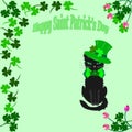 sits a black cat with green eyes, a green bow and a green top hat. Royalty Free Stock Photo