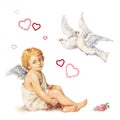 Sitting angel, doves and roses hearts