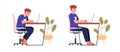 Sitting in bad and good postures at computer desk. Right correct vs wrong incorrect positions in chair. Healthy and