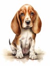 Sitting Basset Hound with Droopy Eyes Watercolor Illustration AI Generated